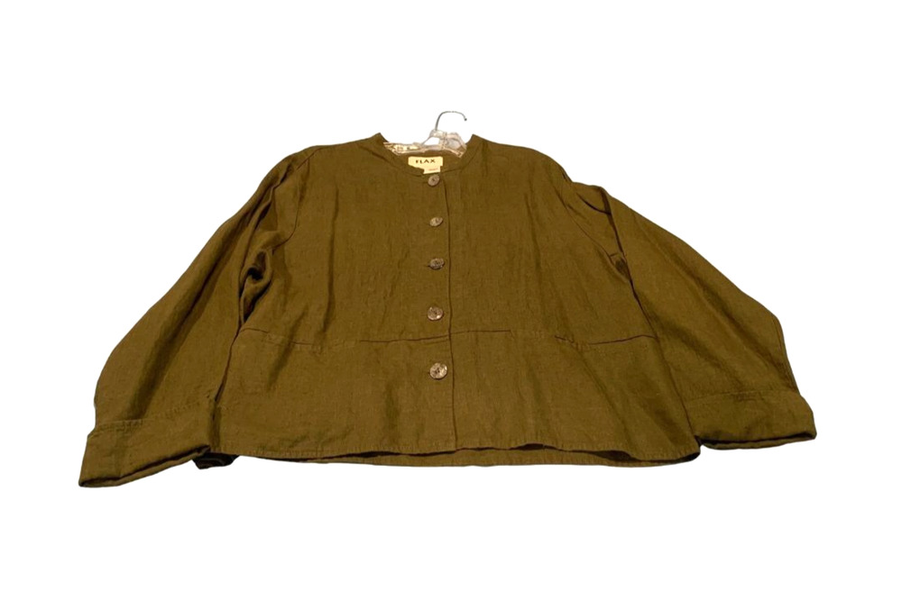 FLAX Womens Granola Lagenlook Linen Jacket Size L Green Oversized Fall Layering